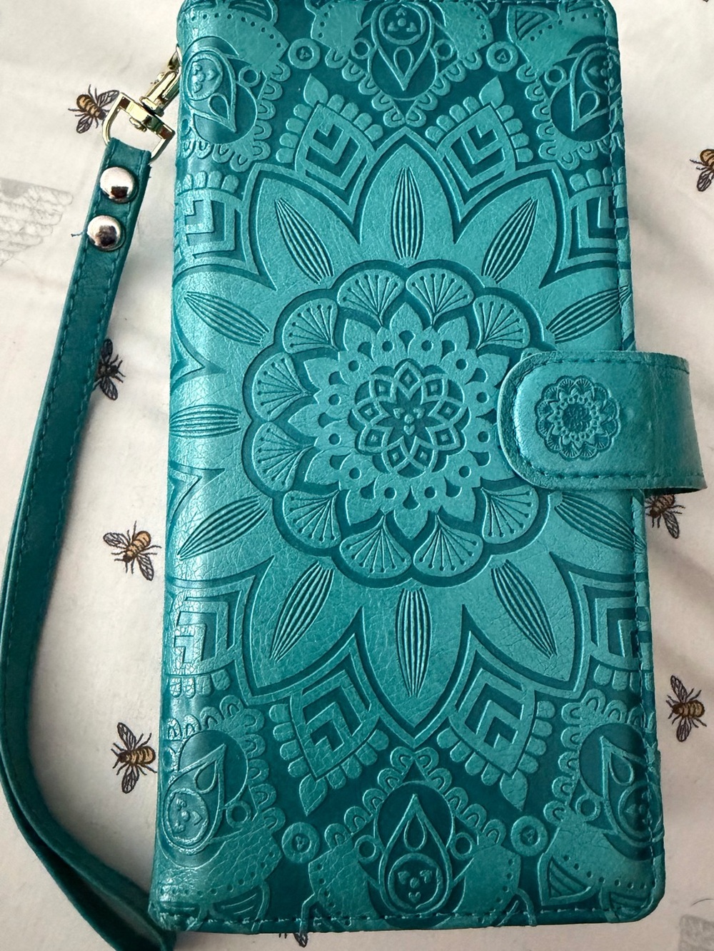 Teal Embossed Floral Wallet Phone Case with Wrist Strap iPhone 13 ProMax